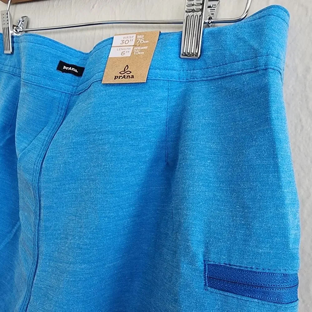 NWT prAna Rock Shock Boardshorts Tide Pool Blue Zion Cinch Waist Men’s Size 30